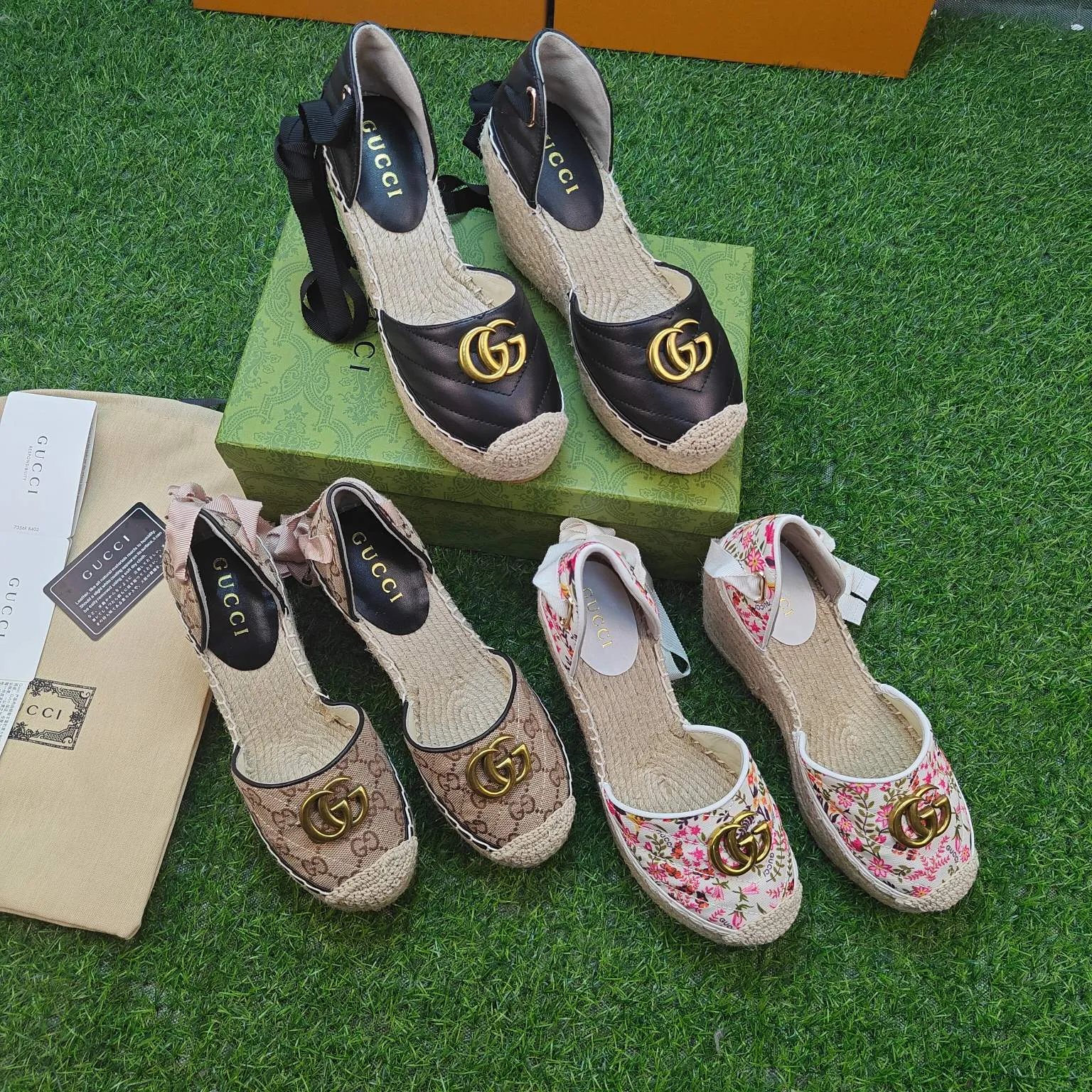 👟👟Ex-factory price 440👟👟 GUCCI wedge fisherman sandals, thick-soled straw, high-end quality, fabric: double G fabric, electric embroidery, lining: mixed sheepskin lining, code number: 35～41